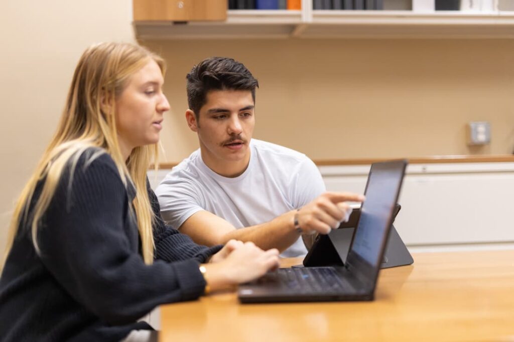 two people on a computer