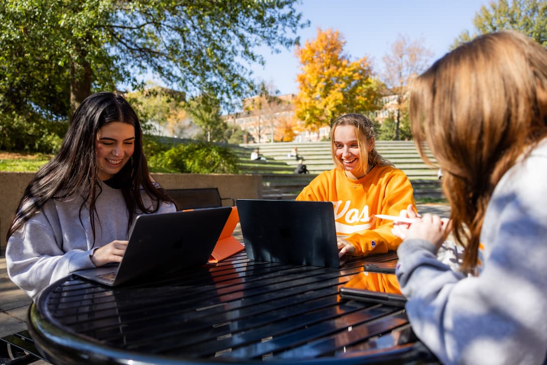 group of women working on laptops outside