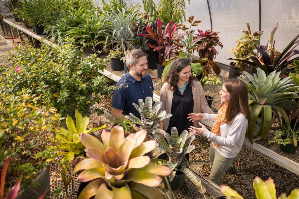 three people in a greenhouse