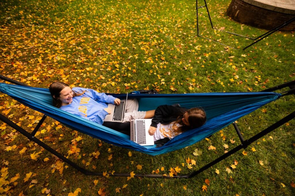 two students on laptops in hammock